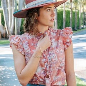 NWT Perry Walker Collective Celia Dusty Rose Ruffle-Sleeve Aesthetic Blouse S